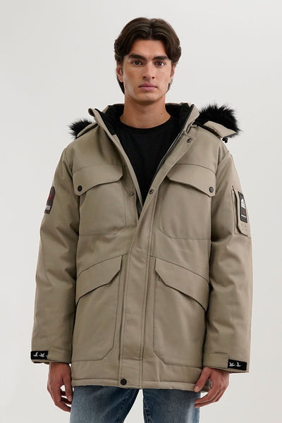 Super Triple Goose Faux Fur Lined Parka Jacket - Beige - Mens Parka Jackets - International Clothiers