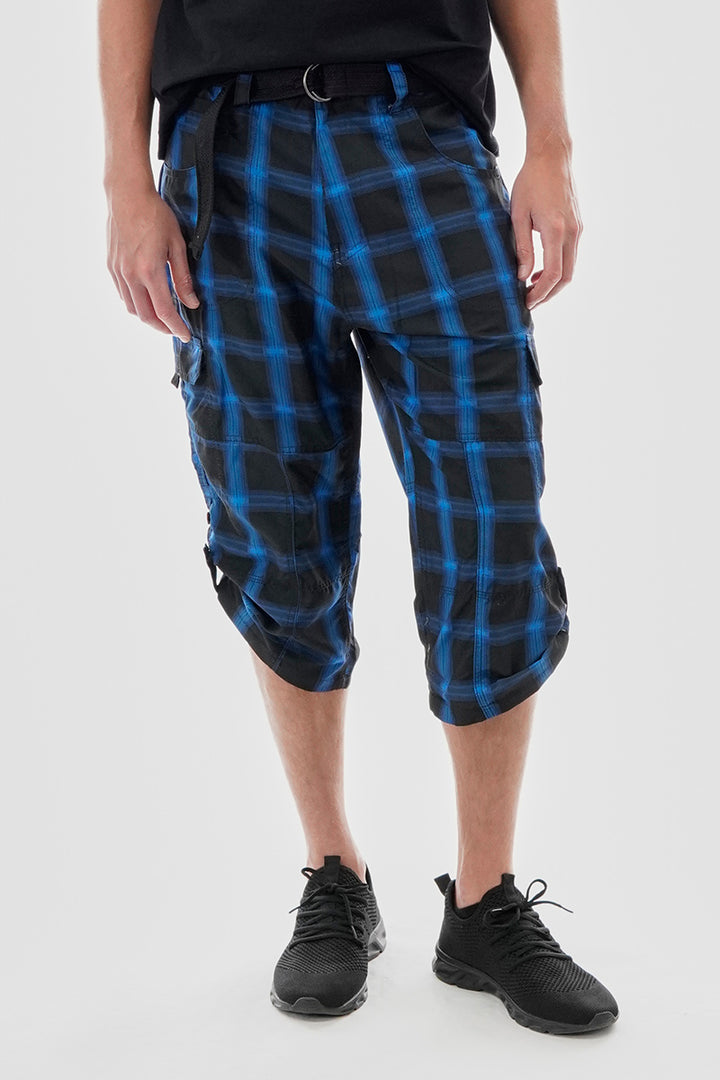 Belted Plaid Cargo Shorts - Black