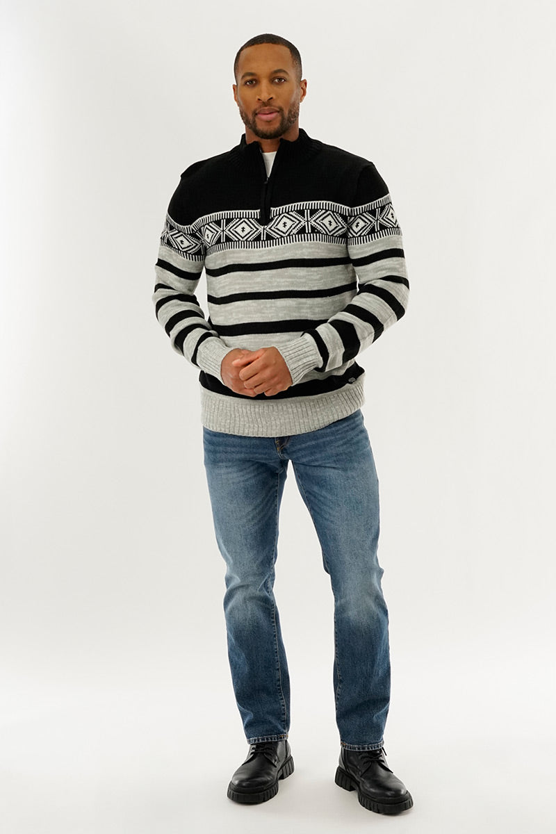 Canada Weather Gear 1/4 Zip Striped Pullover Sweater - Black - Mens Pullover Sweaters - International Clothiers