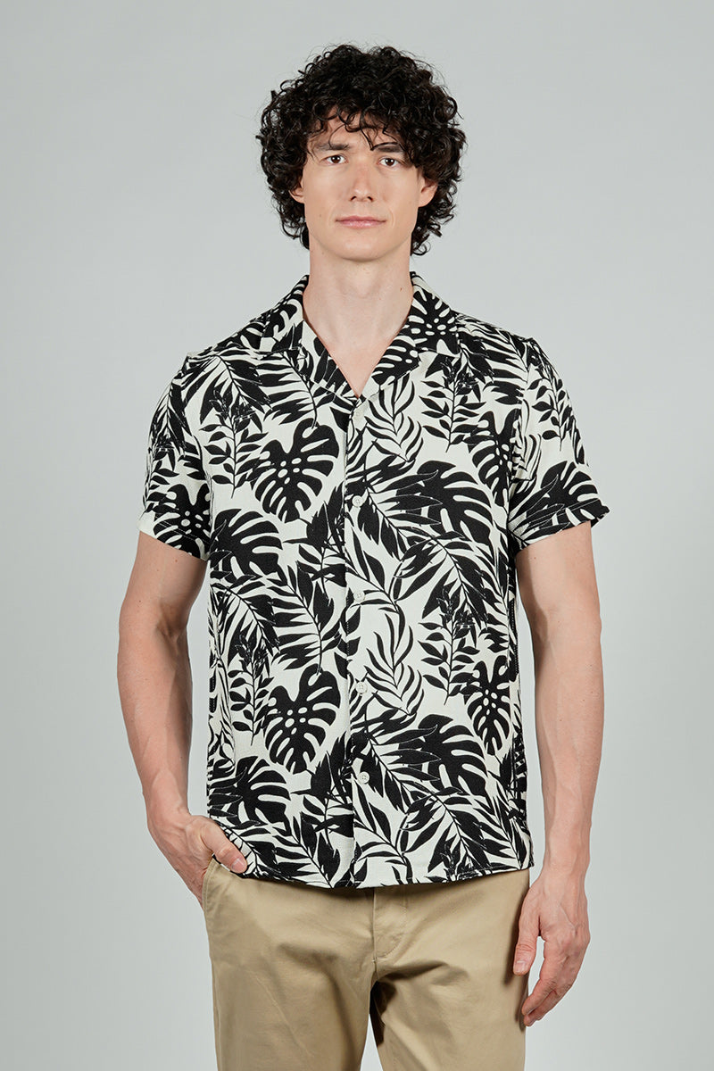 Kenneth Blake Leaf Print Basic Button Up Casual Shirt - White