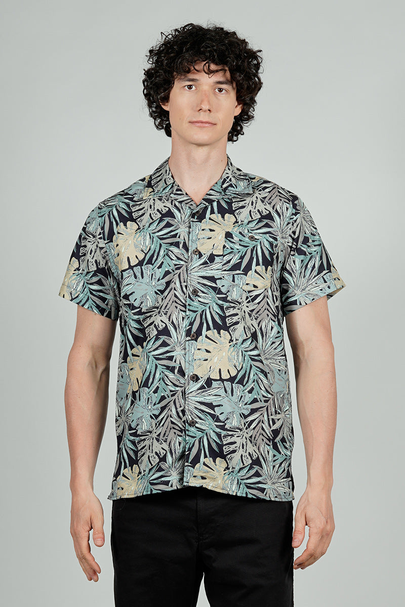 Boardsports Palm Tree Print Camp Collar Casual Shirt - Green