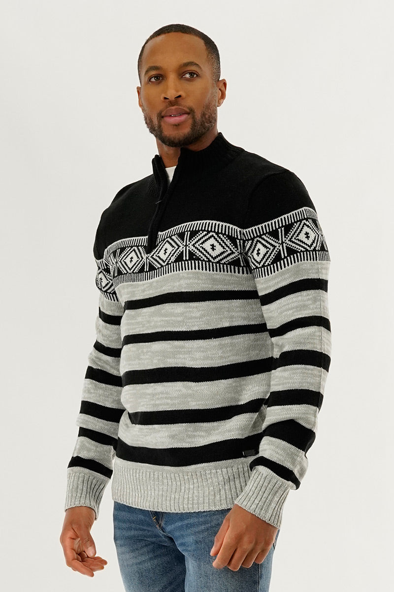 Canada Weather Gear 1/4 Zip Striped Pullover Sweater - Black - Mens Pullover Sweaters - International Clothiers