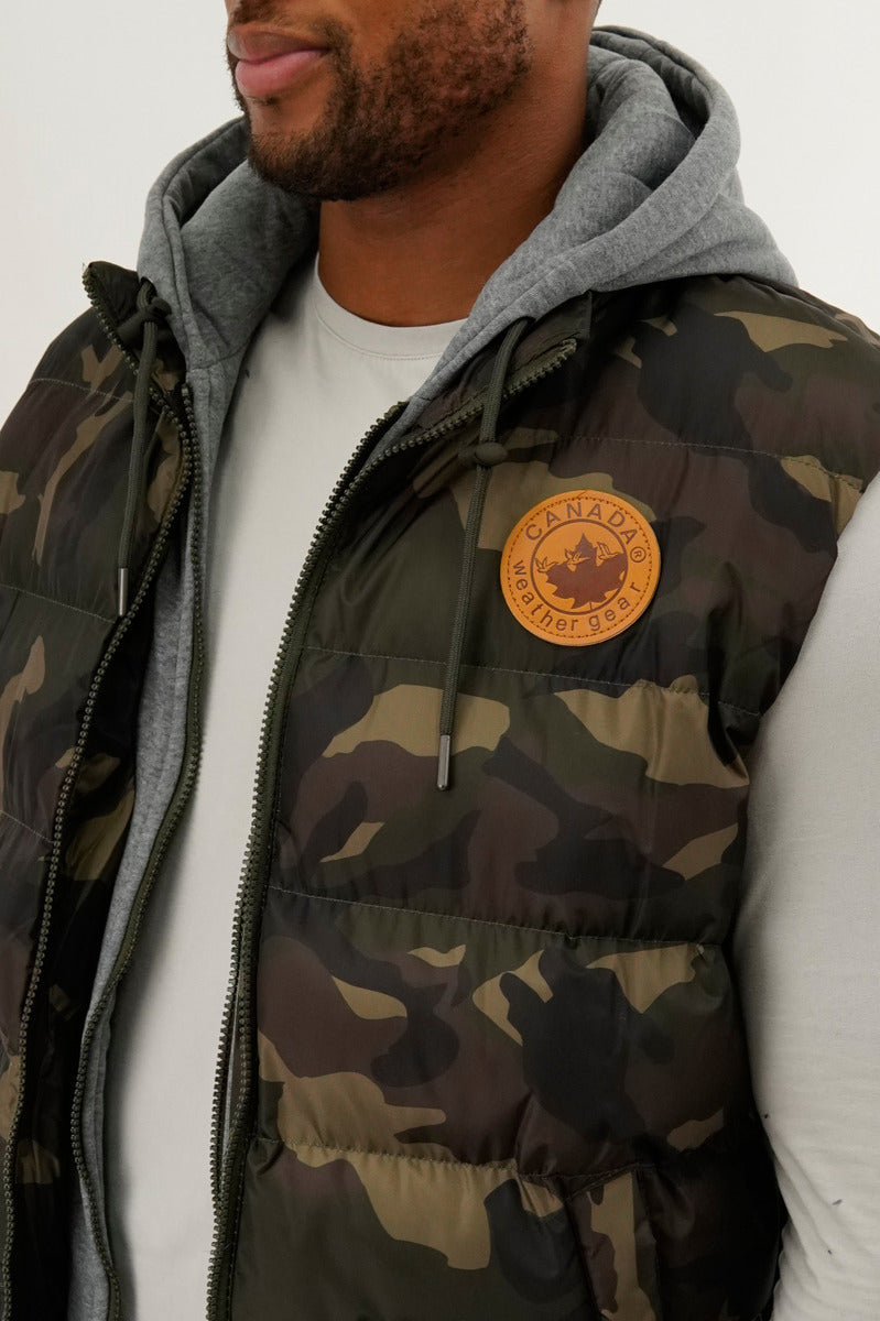 Canada Weather Gear Hooded Camo Print Puffer Vest - Olive - Mens Vests - International Clothiers