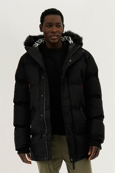 Super Triple Goose Faux Fur Lined Backpack Strap Parka Jacket - Black - Mens Parka Jackets - International Clothiers