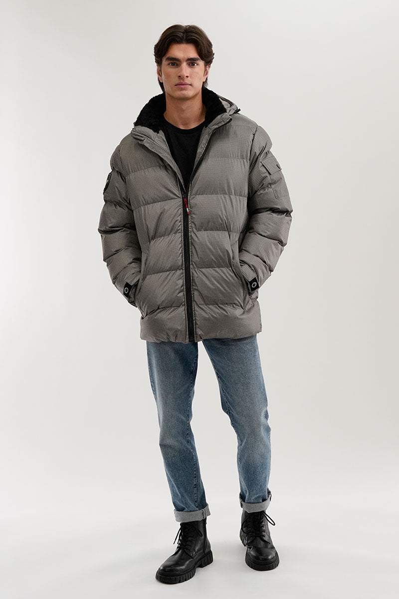 Canada Weather Gear Grid Pattern Puffer Parka Jacket - Grey - Mens Parka Jackets - International Clothiers