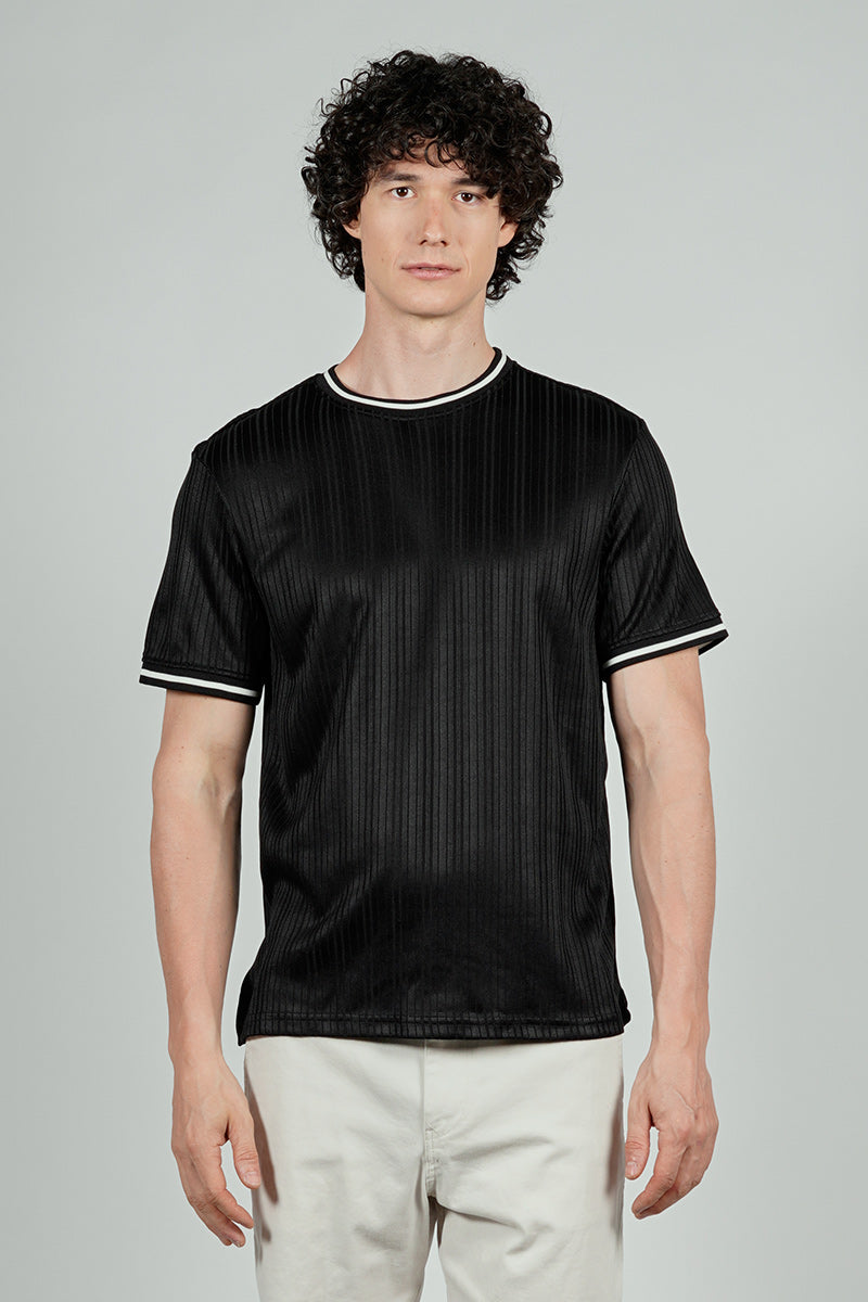 For Him London Stripe Detail Ribbed Crewneck Tee - Black