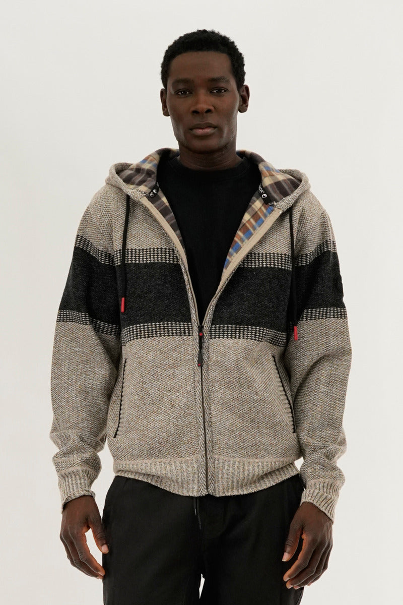 Canada Weather Gear Plaid Lined Striped Zip Up Hoodie - Beige - Mens Hoodies & Sweatshirts - International Clothiers