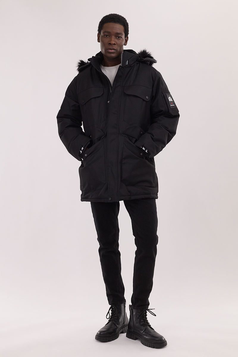 Super Triple Goose Faux Fur Lined Parka Jacket - Black - Mens Parka Jackets - International Clothiers