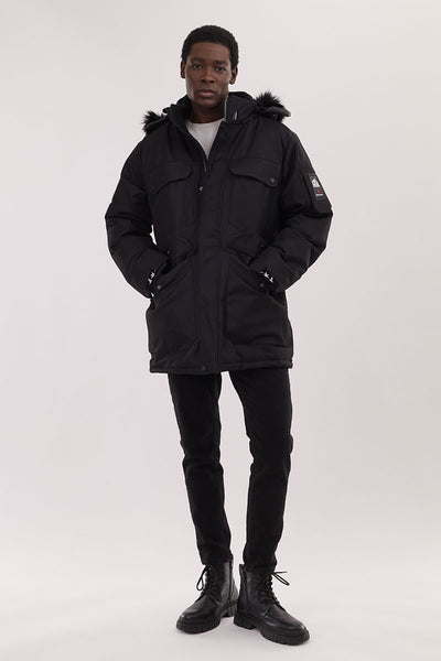 Super Triple Goose Faux Fur Lined Parka Jacket - Black - Mens Parka Jackets - International Clothiers