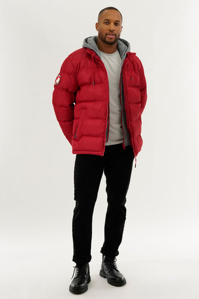 Canada Weather Gear Fleece Hood Puffer Bomber Jacket - Red - Mens Bomber Jackets - International Clothiers