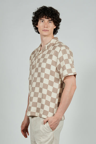 Malibu By Drill Checkerboard Pattern Button Up Casual Shirt - Cream