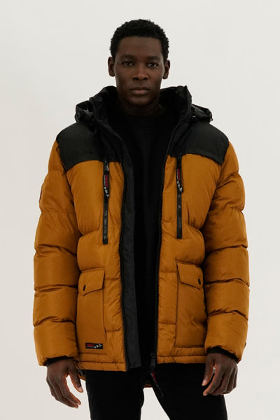 Canada Weather Gear Colour Block Puffer Bomber Jacket - Caramel - Mens Bomber Jackets - International Clothiers