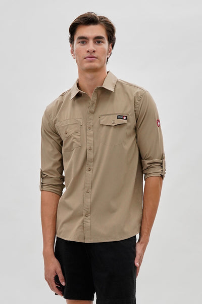 Canada Weather Gear Adventure Bound Utility Roll Up Sleeve Casual Shirt - Beige - Mens Casual Shirts - International Clothiers