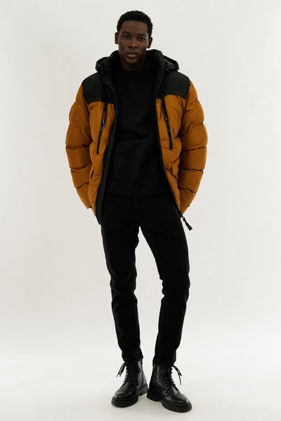 Canada Weather Gear Colour Block Puffer Bomber Jacket - Caramel - Mens Bomber Jackets - International Clothiers