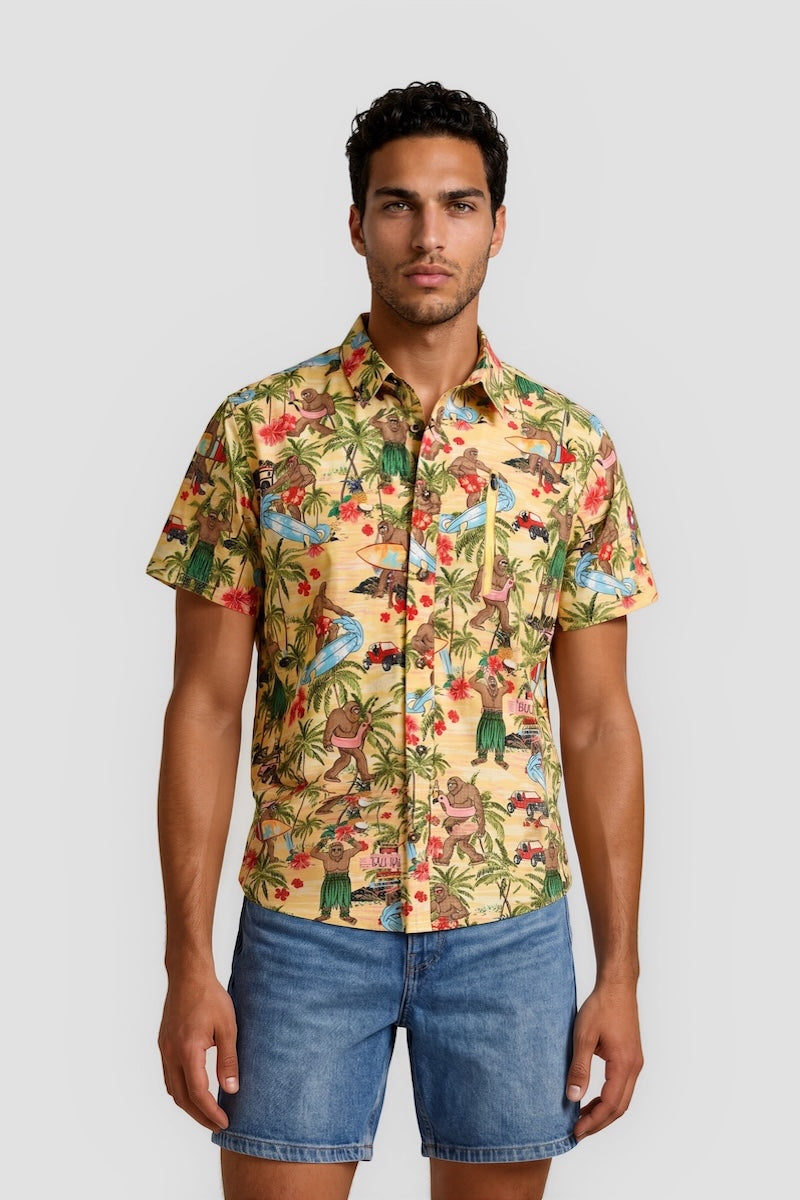 Short Sleeve Button Down Printed Shirt - Yellow
