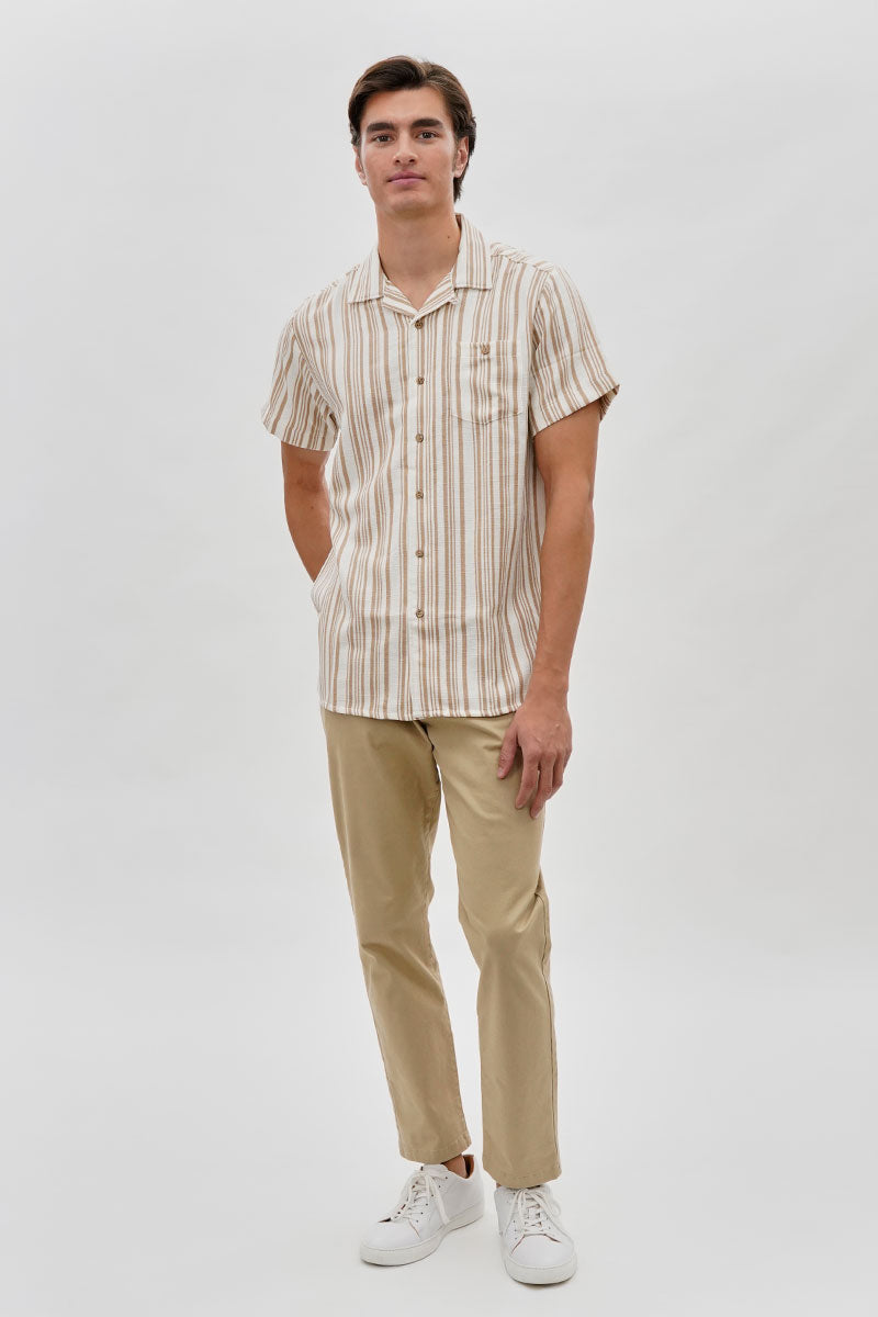 Super Triple Goose Vintage Striped Button Up Casual Shirt - Beige - Mens Casual Shirts - International Clothiers