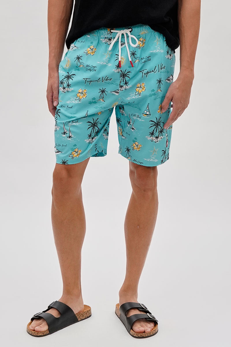 Canada Weather Gear Palm Tree Print Swim Shorts - Aqua - Mens Shorts & Capris - International Clothiers