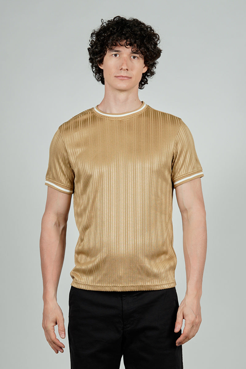 For Him London Stripe Detail Ribbed Crewneck Tee - Camel