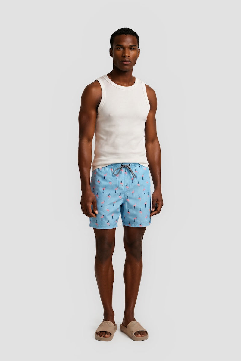 Flamingo Print Swim Shorts With Drawstrings