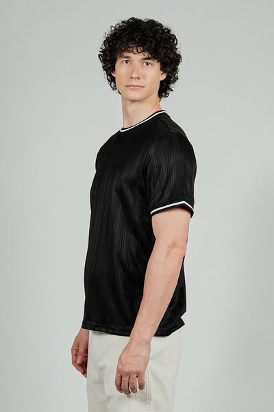 For Him London Stripe Detail Ribbed Crewneck Tee - Black
