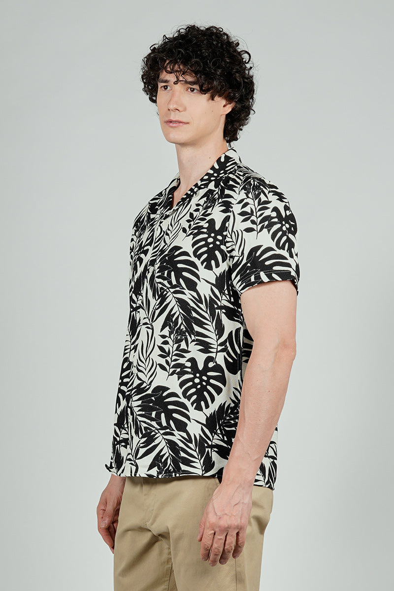 Kenneth Blake Leaf Print Basic Button Up Casual Shirt - White