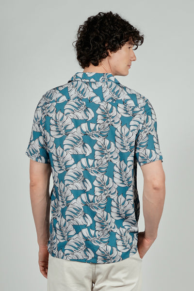 Stylexhange Vintage Leaf Print Camp Collar Button Up Casual Shirt - Teal