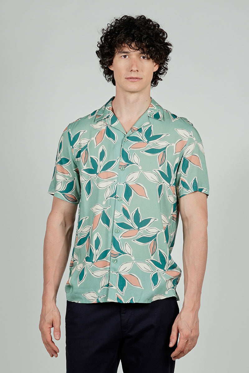 Stylexhange Vintage Leaf Print Camp Collar Button Up Casual Shirt - Mint