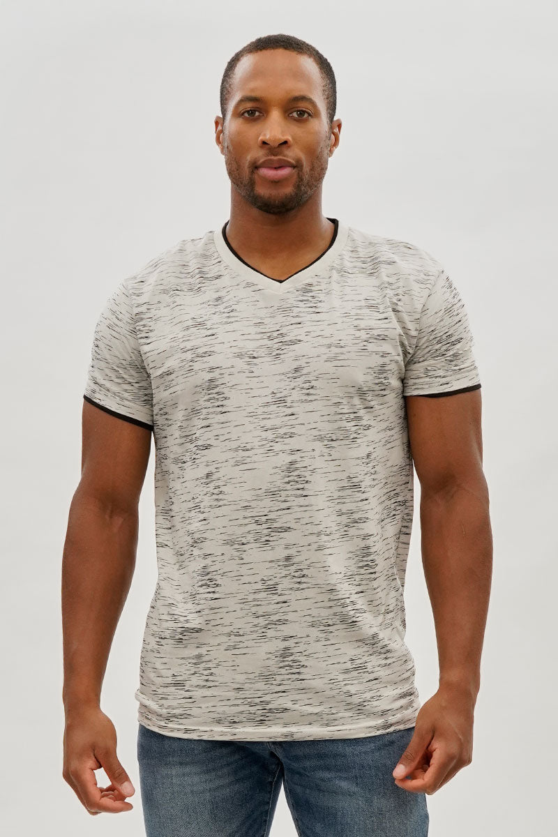 Vintage Patterned V-Neck Tee - Stone