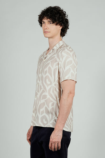 Stylexhange Vintage Patterned Camp Collar Button Up Casual Shirt - Cream