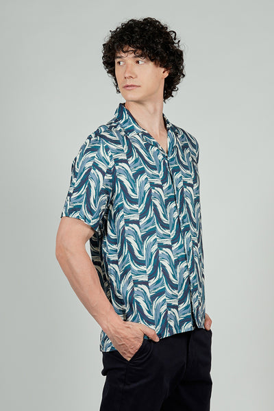 Stylexhange Vintage Patterned Camp Collar Button Up Casual Shirt - Blue