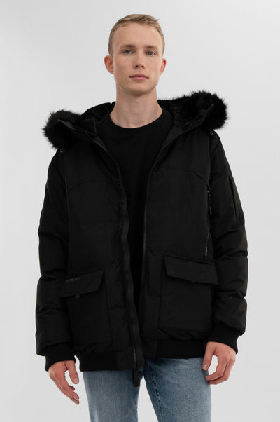 Canada Weather Gear Faux Fur Trim Bomber Jacket - Black - Mens Bomber Jackets - International Clothiers