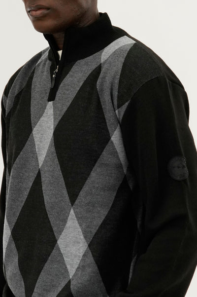 Canada Weather Gear Argyle Print 1/4 Zip Pullover Sweater - Black - Mens Pullover Sweaters - International Clothiers