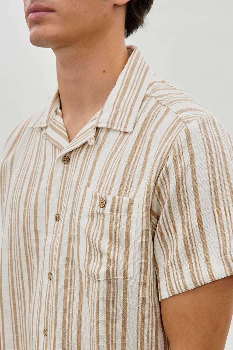 Super Triple Goose Vintage Striped Button Up Casual Shirt - Beige - Mens Casual Shirts - International Clothiers