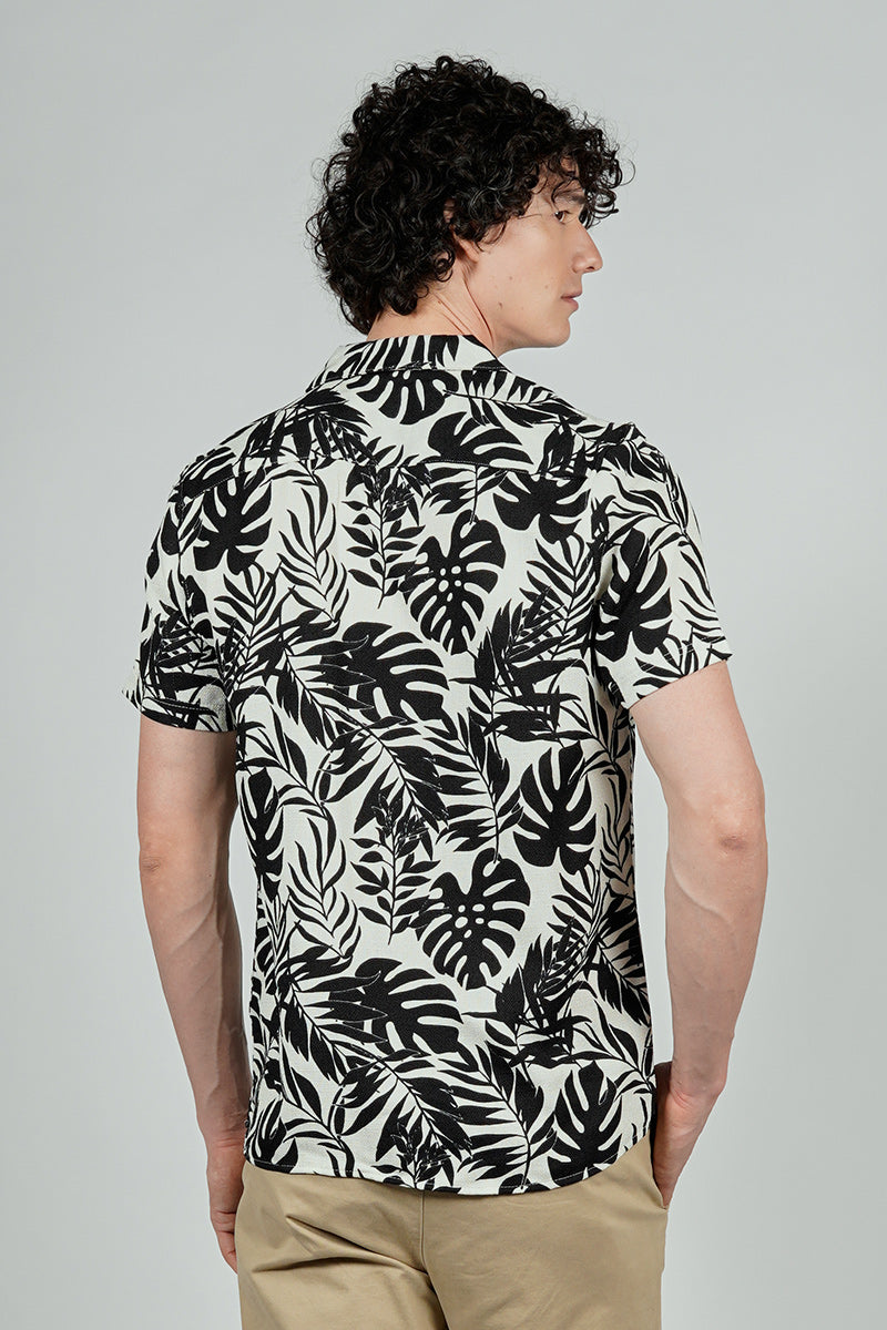 Kenneth Blake Leaf Print Basic Button Up Casual Shirt - White