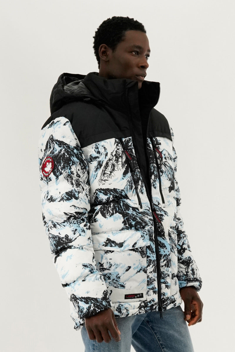 Canada Weather Gear Mountain Print Puffer Bomber Jacket - White - Mens Bomber Jackets - International Clothiers