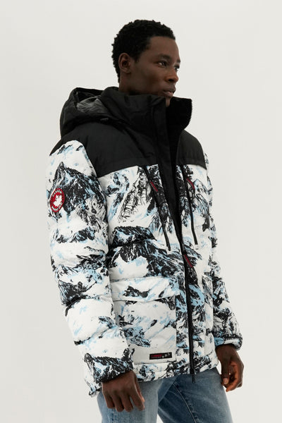 Canada Weather Gear Mountain Print Puffer Bomber Jacket - White - Mens Bomber Jackets - International Clothiers