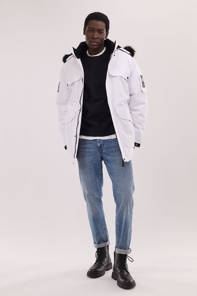 Super Triple Goose Faux Fur Lined Parka Jacket - White - Mens Parka Jackets - International Clothiers