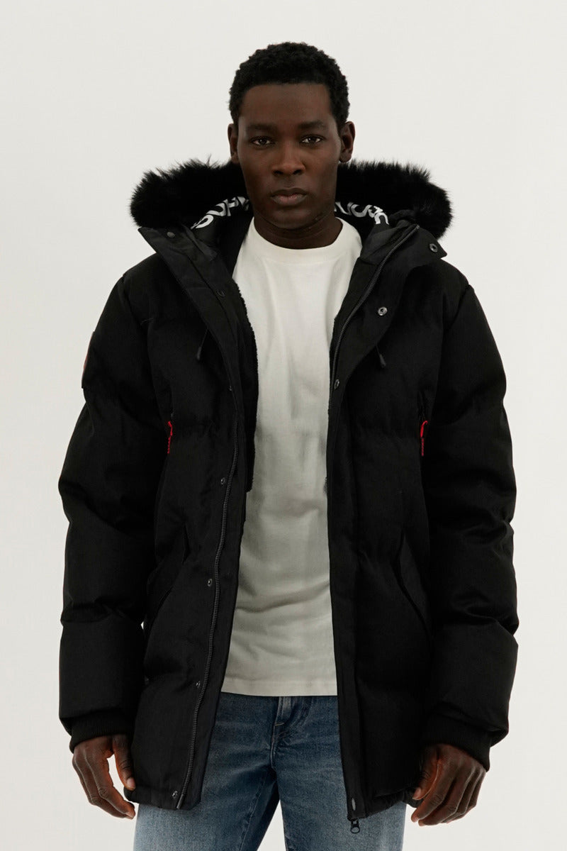 Super Triple Goose Faux Fur Lined Backpack Strap Parka Jacket - Black - Mens Parka Jackets - International Clothiers