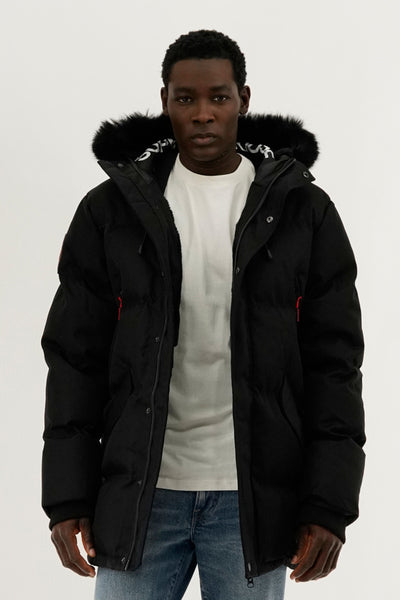 Super Triple Goose Faux Fur Lined Backpack Strap Parka Jacket - Black - Mens Parka Jackets - International Clothiers