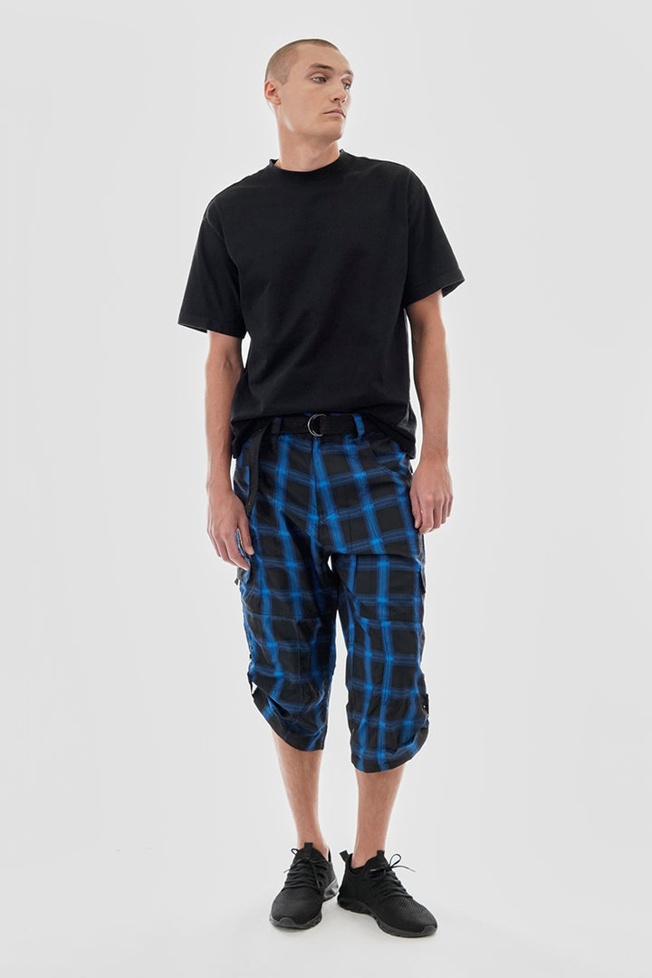 Belted Plaid Cargo Shorts - Black