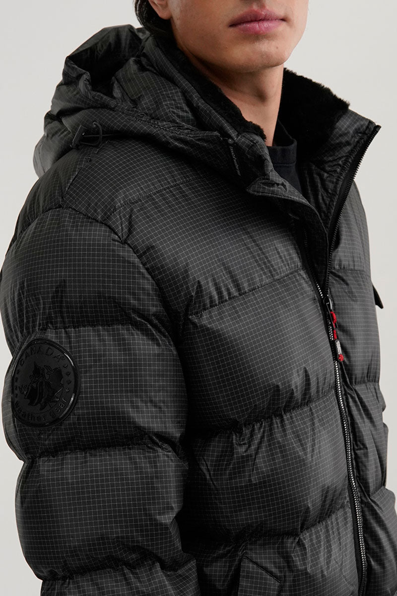 Canada Weather Gear Grid Pattern Puffer Parka Jacket - Black - Mens Parka Jackets - International Clothiers