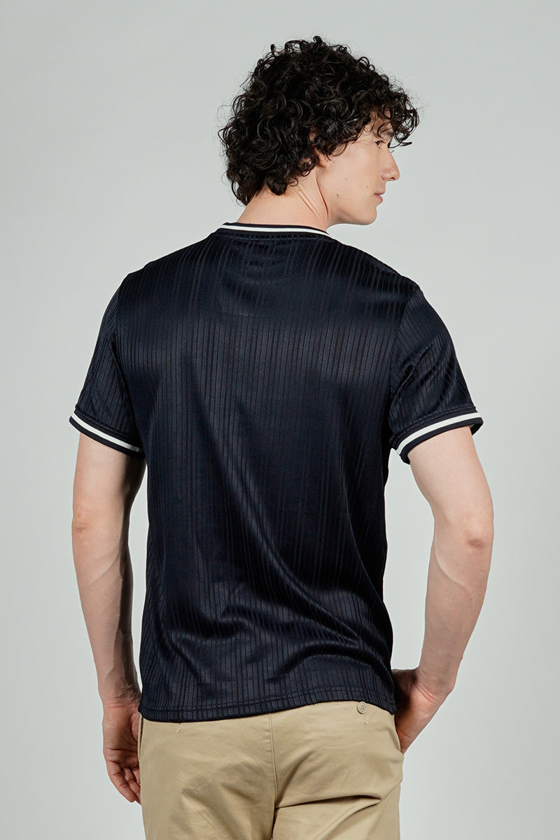 For Him London Stripe Detail Ribbed Crewneck Tee - Navy