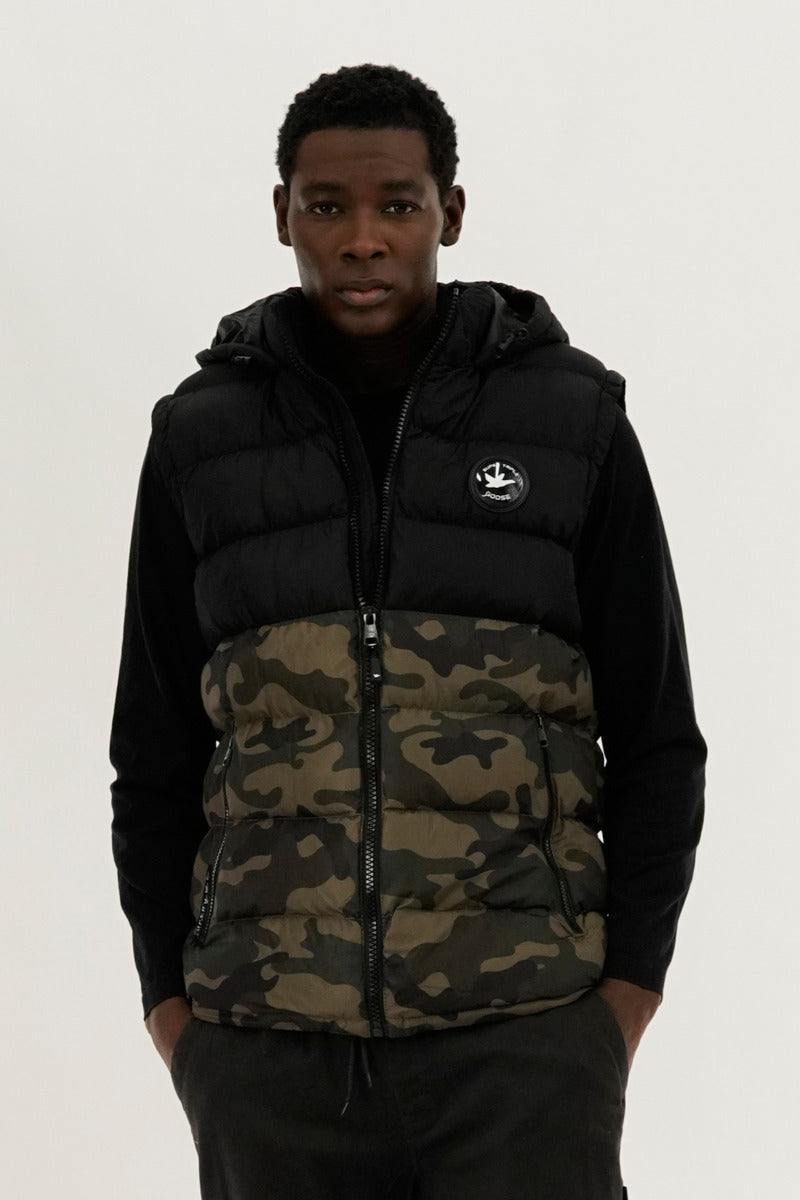 Super Triple Goose Colour Block Camo Hooded Vest - Olive - Mens Vests - International Clothiers
