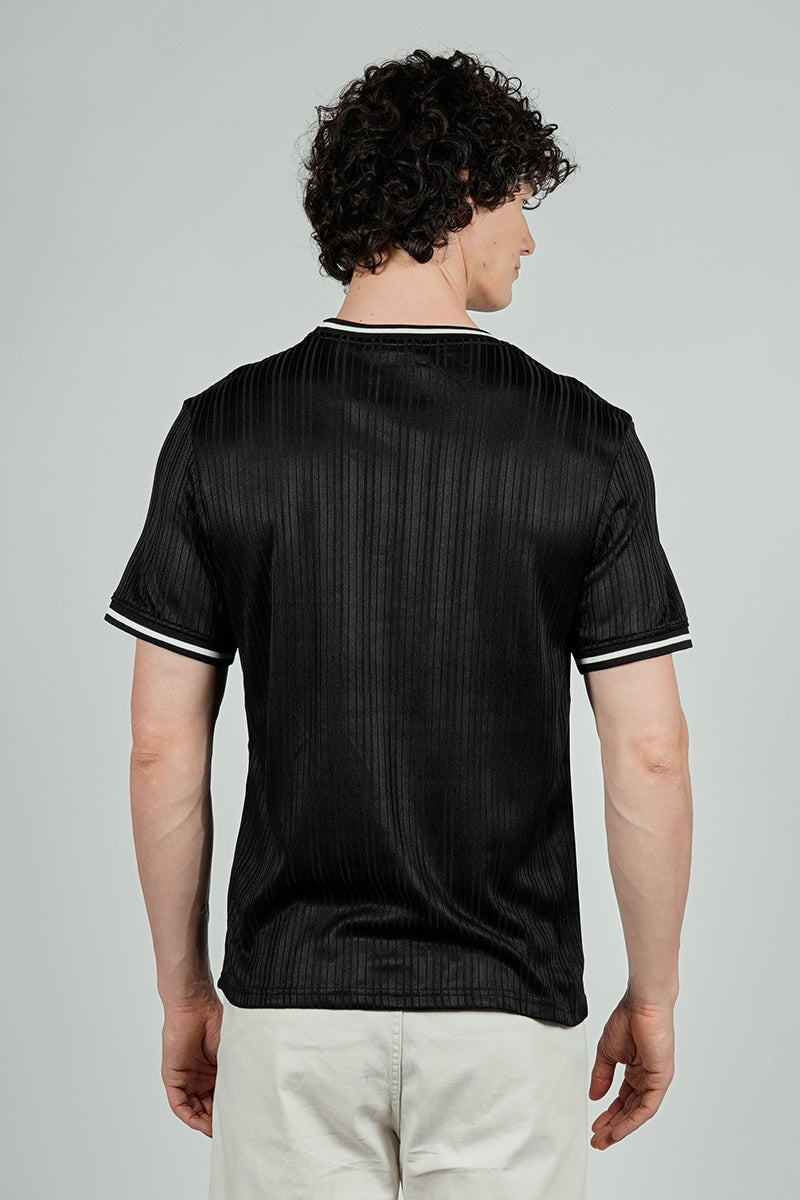 For Him London Stripe Detail Ribbed Crewneck Tee - Black