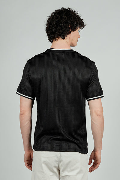 For Him London Stripe Detail Ribbed Crewneck Tee - Black