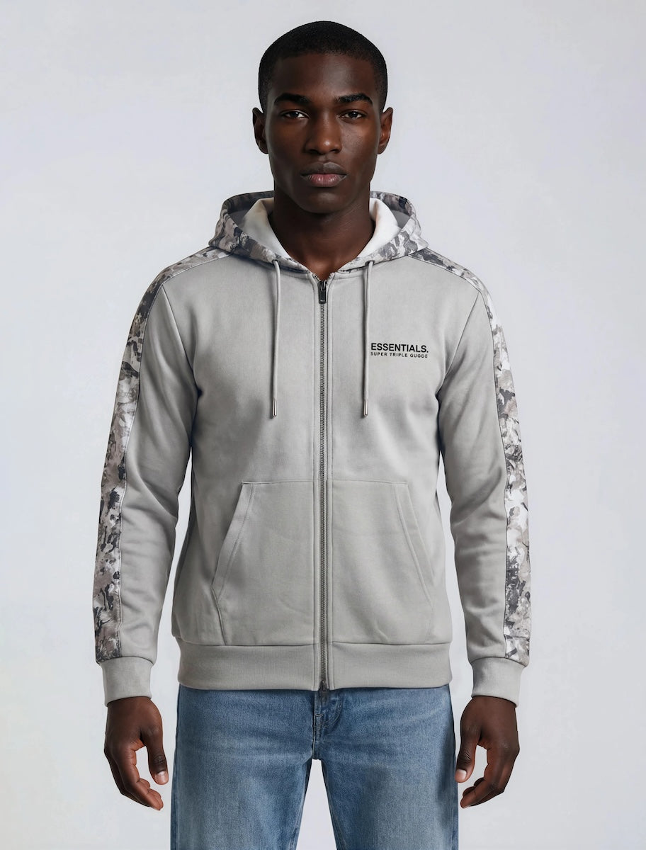 Contrast Camouflage Zip Up Hoodie - Grey