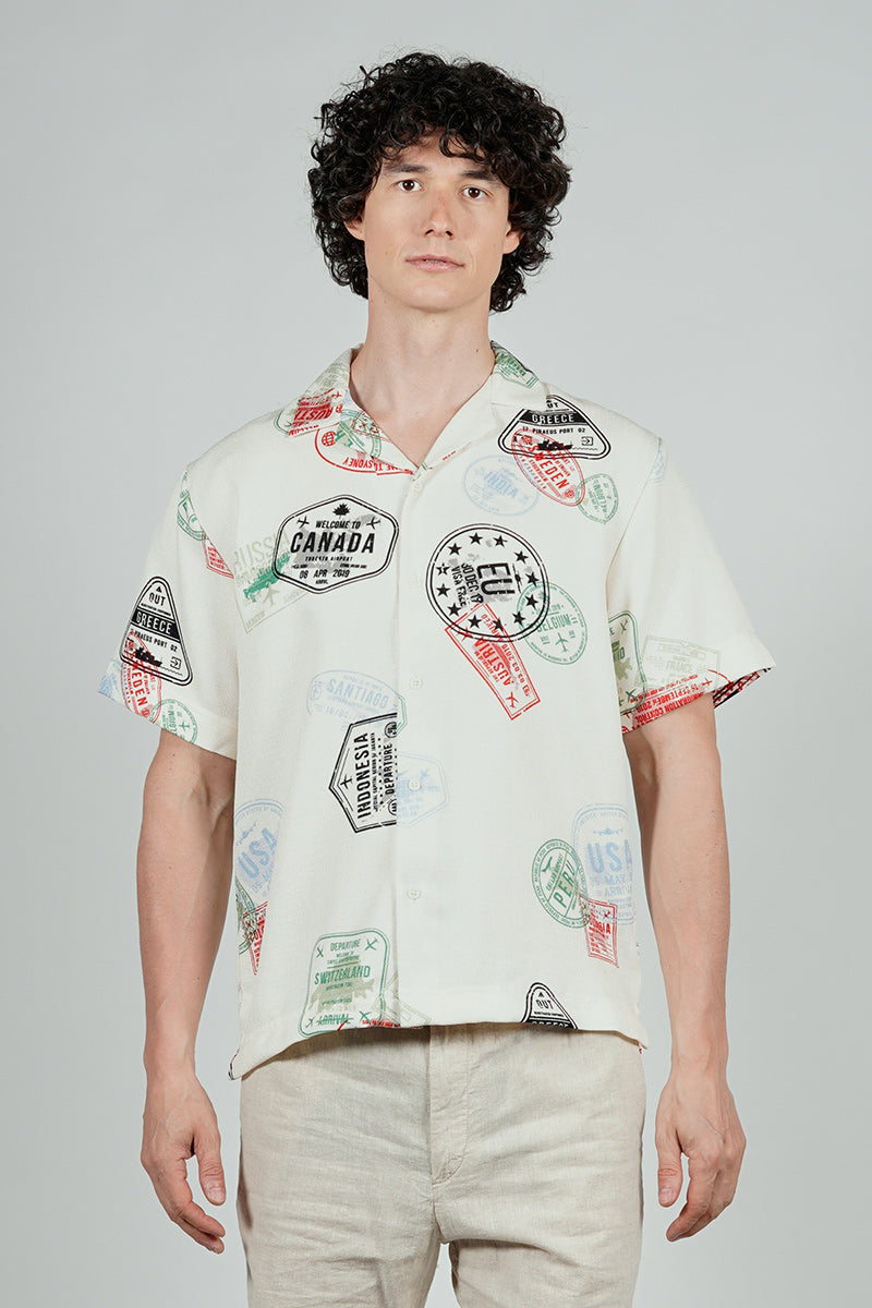 Malibu By Drill Travel Stamp Pattern Button Up Casual Shirt - Cream
