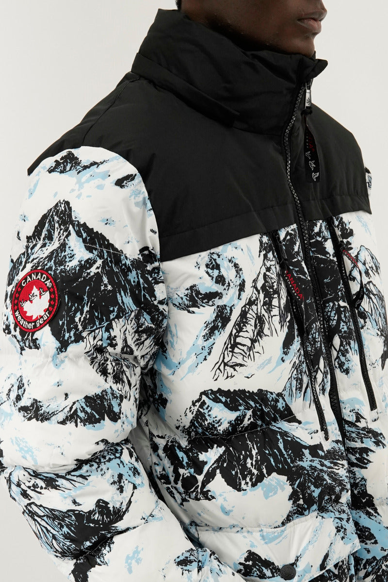 Canada Weather Gear Mountain Print Puffer Bomber Jacket - White - Mens Bomber Jackets - International Clothiers