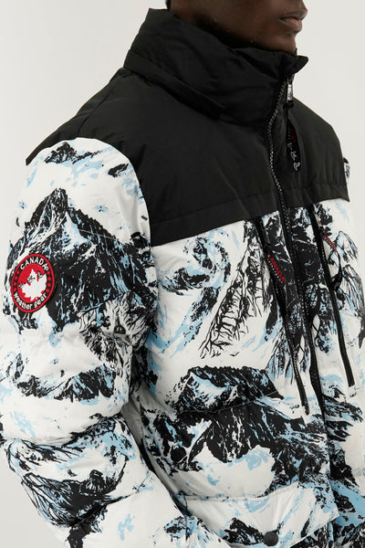 Canada Weather Gear Mountain Print Puffer Bomber Jacket - White - Mens Bomber Jackets - International Clothiers