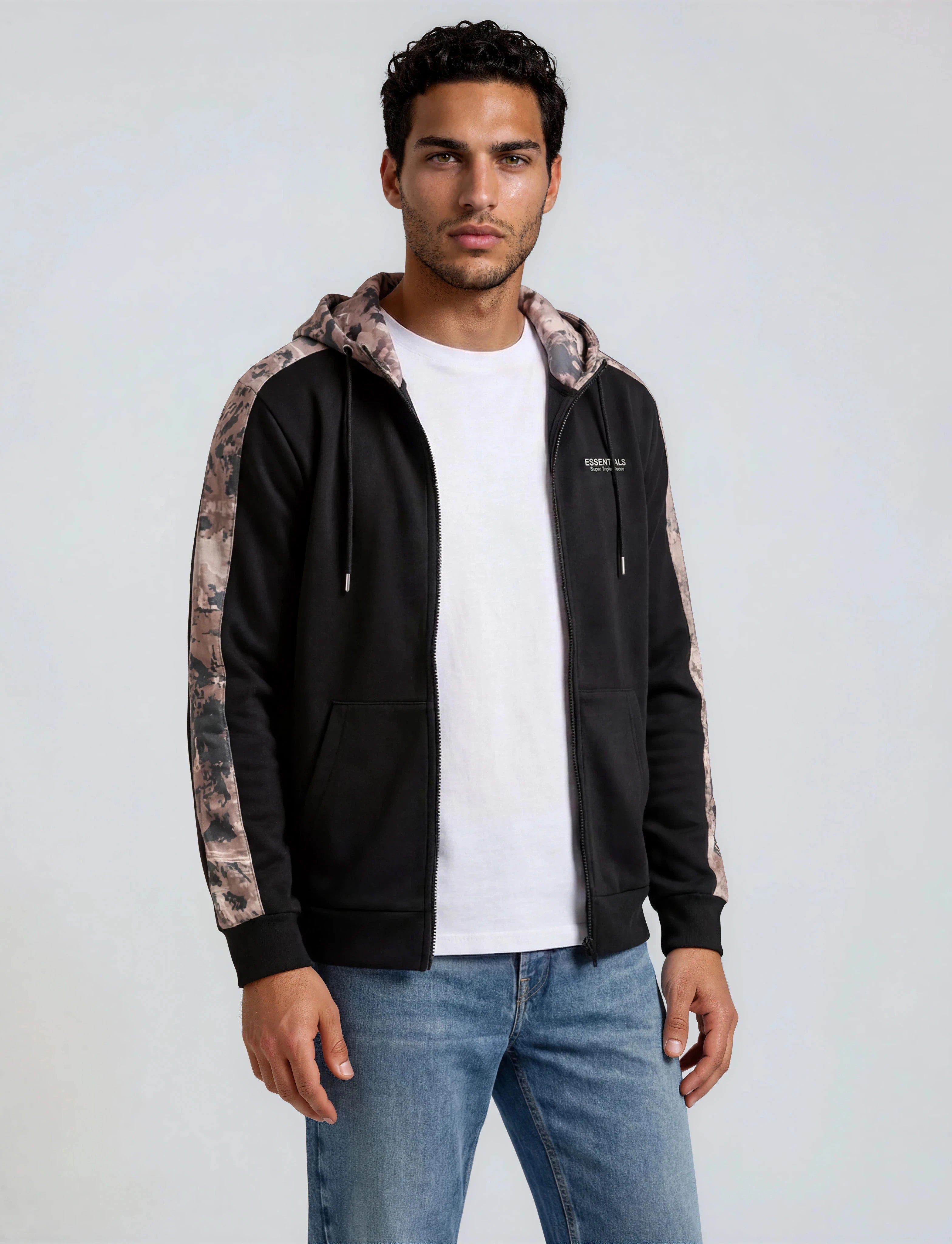 Contrast Camouflage Zip Up Hoodie